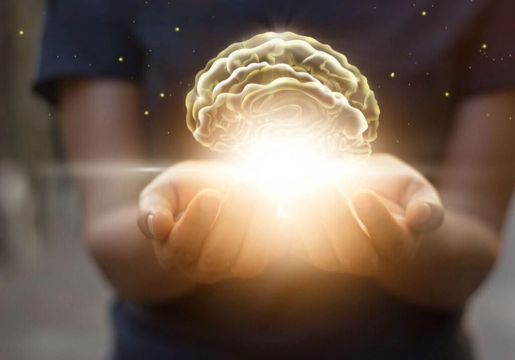 Person holding a glowing brain symbolizing intelligence and innovation.